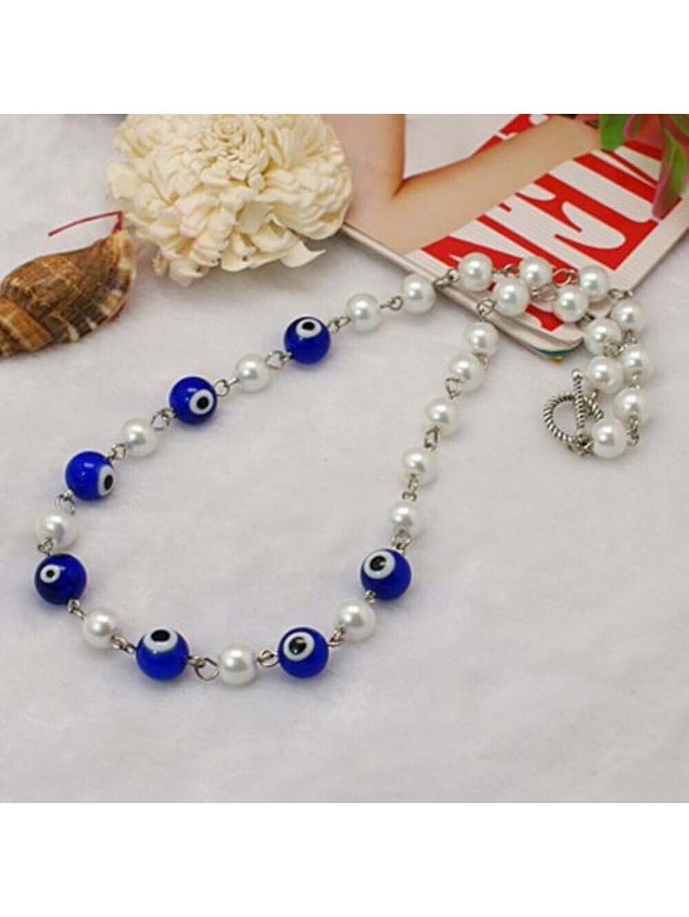 Handcrafted Turkish Evil Eye Glass Blue and White Pearl Beads 18" Long Necklace